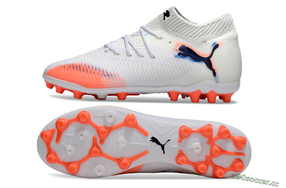 Men's Puma Future 8 Ultimate MG Multi Ground Low-Tops Football Boots - White/Coral Blaze/Black 1