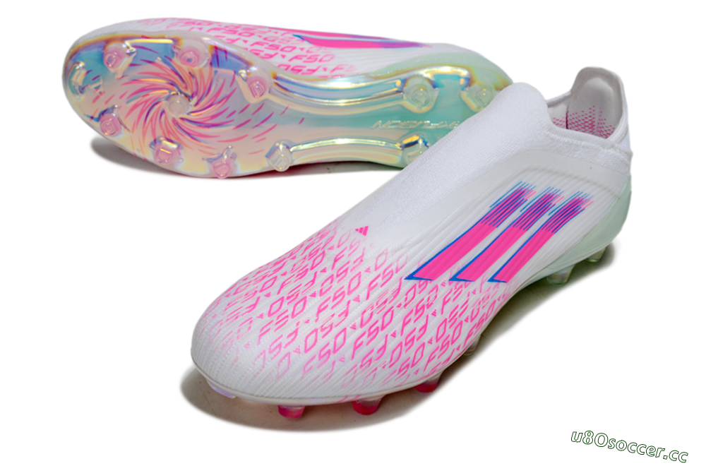 Unisex Adidas F50 Elite Laceless FG Firm Ground Low-Tops Football Boots - White/Pink Glow / Iridescent Finish 3