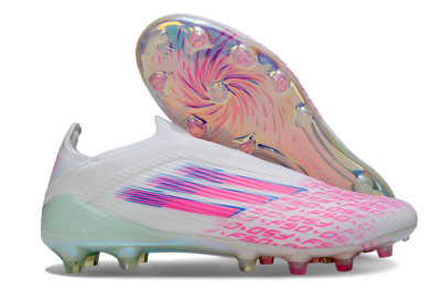 Unisex Adidas F50 Elite Laceless FG Firm Ground Low-Tops Football Boots - White/Pink Glow / Iridescent Finish