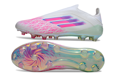 Unisex Adidas F50 Elite Laceless FG Firm Ground Low-Tops Football Boots - White/Pink Glow / Iridescent Finish