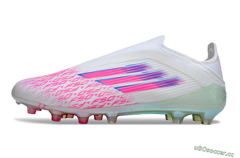 Unisex Adidas F50 Elite Laceless FG Firm Ground Low-Tops Football Boots - White/Pink Glow / Iridescent Finish 0