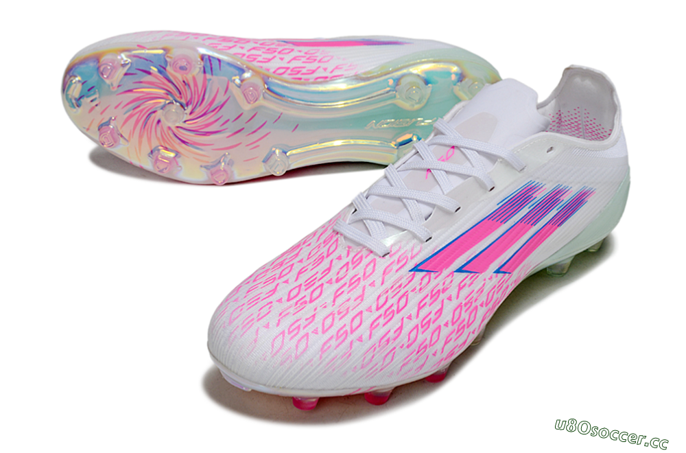Unisex Adidas F50 Elite FG Firm Ground Low-Tops Football Boots - White/Neon Pink/Iridescent Blue 0