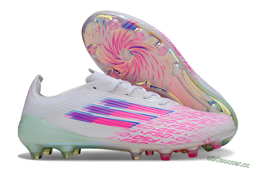 Unisex Adidas F50 Elite FG Firm Ground Low-Tops Football Boots - White/Neon Pink/Iridescent Blue 2