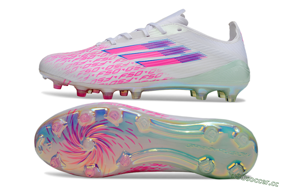 Unisex Adidas F50 Elite FG Firm Ground Low-Tops Football Boots - White/Neon Pink/Iridescent Blue 1