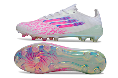 Unisex Adidas F50 Elite FG Firm Ground Low-Tops Football Boots - White/Neon Pink/Iridescent Blue