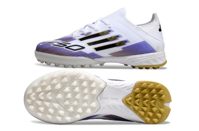 Kids Adidas F50 Elite TF Artificial Turf Low-Tops Football Shoes - White/Purple Dream/Gold Rush