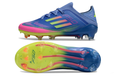 Kids Adidas F50 Elite FG Firm Ground Low-Tops Football Boots - Blue/Neon Pink/Florescent Yellow