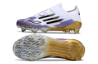 Kids Adidas F50 Elite FG Firm Ground Low-Tops Football Boots - White/Violet Fade/Gold Accents