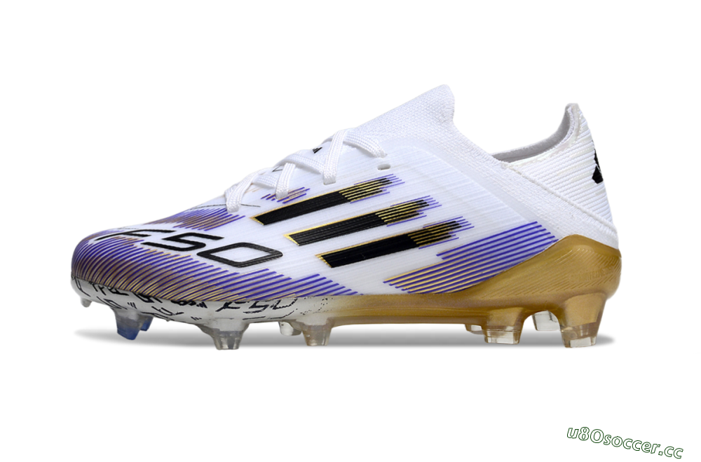 Kids Adidas F50 Elite FG Firm Ground Low-Tops Football Boots - White/Violet Fade/Gold Accents 0