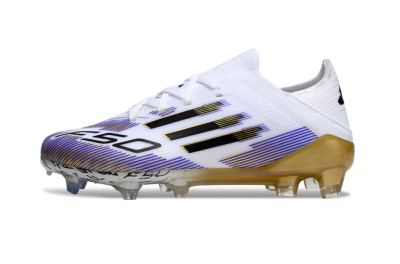 Kids Adidas F50 Elite FG Firm Ground Low-Tops Football Boots - White/Violet Fade/Gold Accents