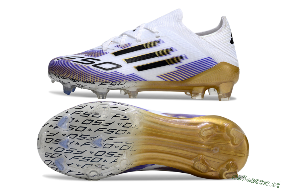 Kids Adidas F50 Elite FG Firm Ground Low-Tops Football Boots - White/Violet Fade/Gold Accents 1