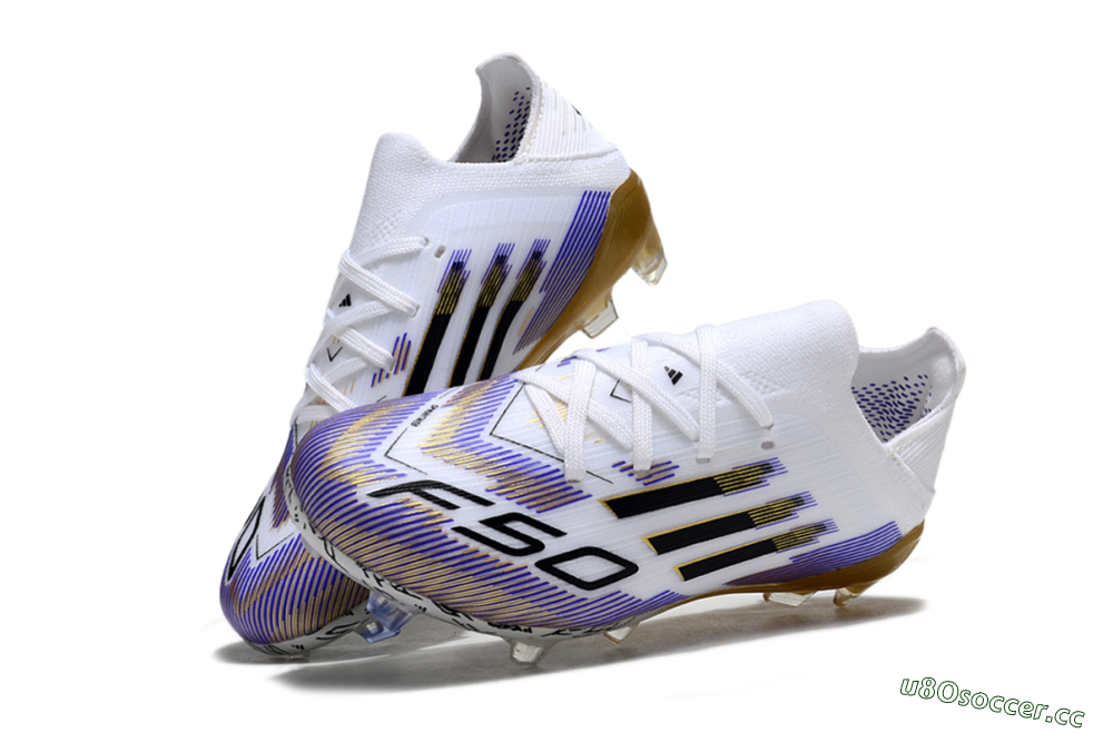 Kids Adidas F50 Elite FG Firm Ground Low-Tops Football Boots - White/Violet Fade/Gold Accents 3