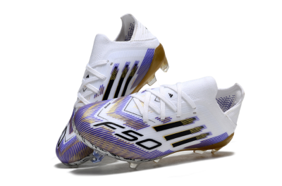 Kids Adidas F50 Elite FG Firm Ground Low-Tops Football Boots - White/Violet Fade/Gold Accents