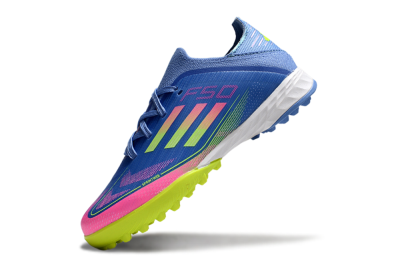 Kids Adidas F50 Elite TF Artificial Turf Low-Tops Football Shoes - Blue/Neon Green/Fuchsia Pink