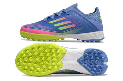 Kids Adidas F50 Elite TF Artificial Turf Low-Tops Football Shoes - Blue/Neon Green/Fuchsia Pink