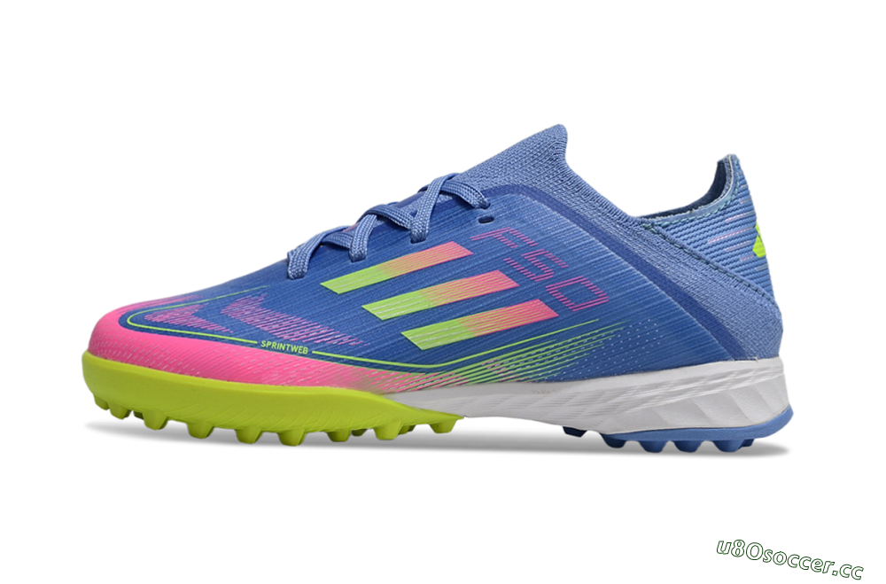 Kids Adidas F50 Elite TF Artificial Turf Low-Tops Football Shoes - Blue/Neon Green/Fuchsia Pink 2