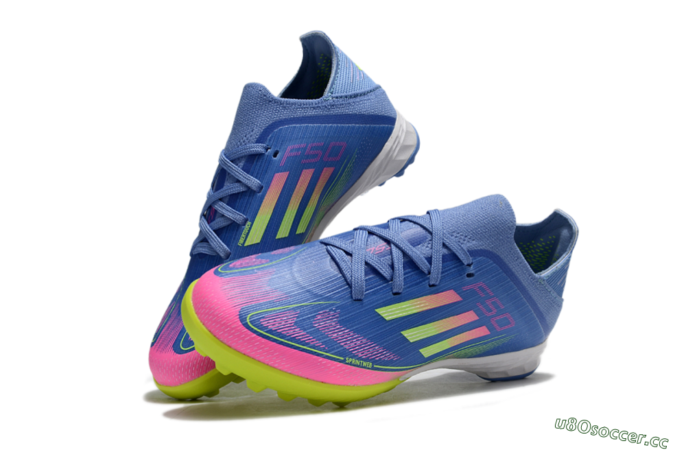 Kids Adidas F50 Elite TF Artificial Turf Low-Tops Football Shoes - Blue/Neon Green/Fuchsia Pink 0