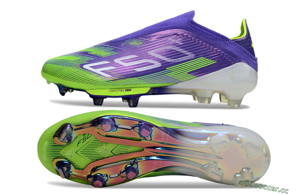 Unisex Adidas F50+ Elite Lightstrike Pro Laceless FG Firm Ground Low-Tops Football Boots - Violet/Lime Burst/Deep Purple 1