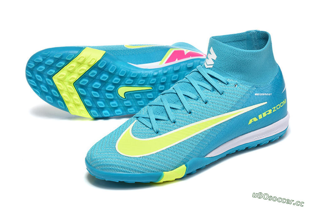 Men's Nike Air Zoom Mercurial Superfly 10 Elite TF Artificial Turf High-Tops Football Shoes - Blue/Electric Lime/Neon Yellow 3