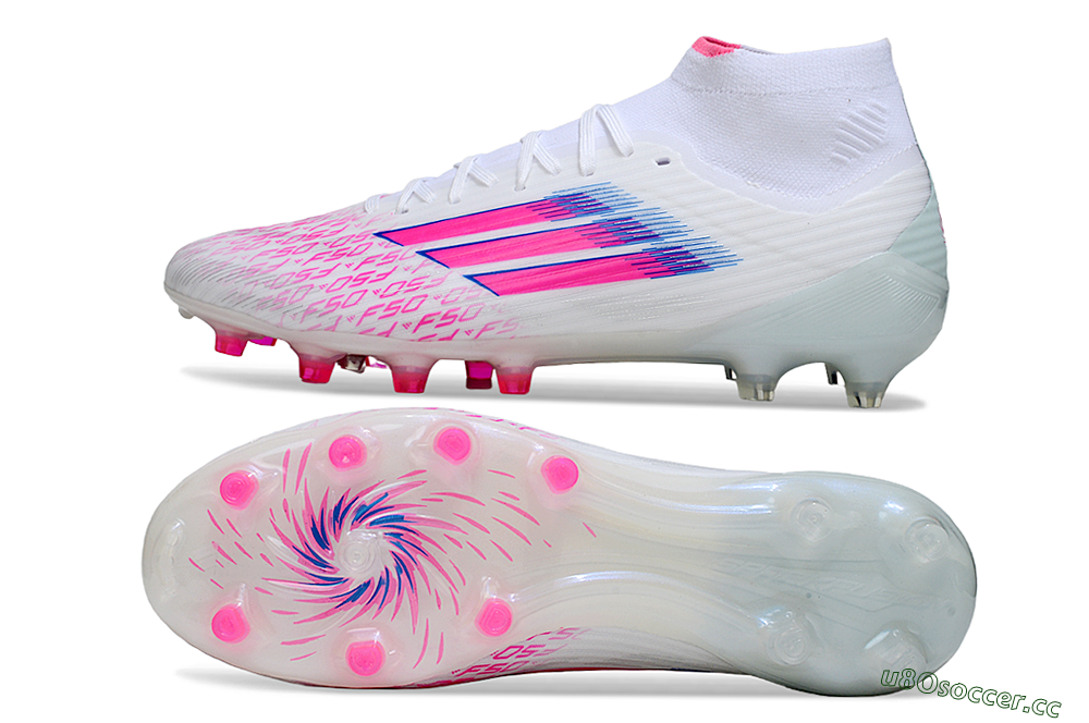 Men's Adidas F50 Elite Mid FG Firm Ground Low-Tops Football Boots - White/Neon Pink/Cyan Blue 1