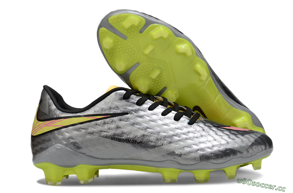 Men's Nike Hypervenom Phantom FG Firm Ground Low-Tops Football Boots - Gray/Neon Yellow/Metallic Silver 2