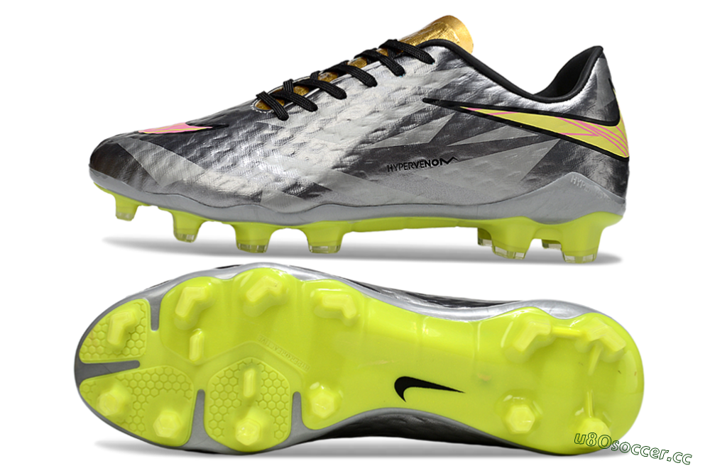 Men's Nike Hypervenom Phantom FG Firm Ground Low-Tops Football Boots - Gray/Neon Yellow/Metallic Silver 1