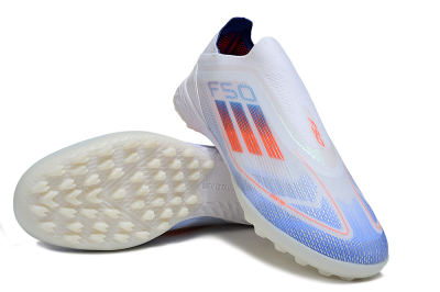 Unisex Adidas F50 Elite Laceless TF Artificial Turf Low-Tops Football Shoes - White/Sky Blue/Coral Red