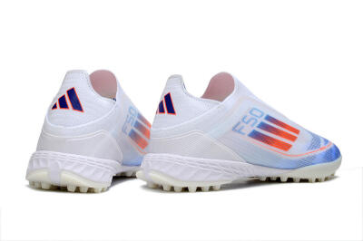 Unisex Adidas F50 Elite Laceless TF Artificial Turf Low-Tops Football Shoes - White/Sky Blue/Coral Red