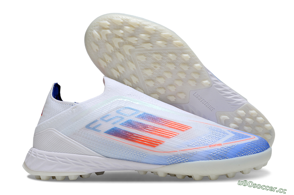 Unisex Adidas F50 Elite Laceless TF Artificial Turf Low-Tops Football Shoes - White/Sky Blue/Coral Red 2