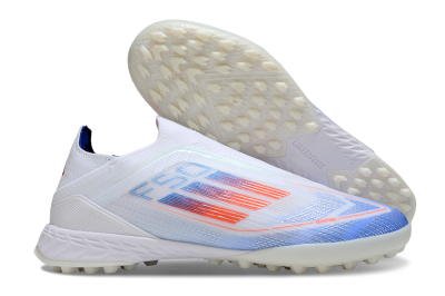Unisex Adidas F50 Elite Laceless TF Artificial Turf Low-Tops Football Shoes - White/Sky Blue/Coral Red