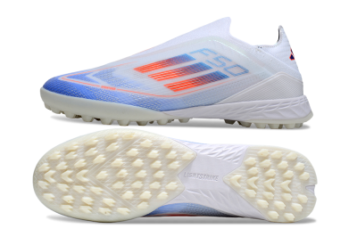 Unisex Adidas F50 Elite Laceless TF Artificial Turf Low-Tops Football Shoes - White/Sky Blue/Coral Red
