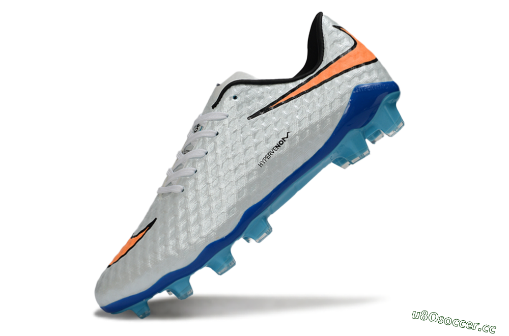 Men's Nike Hypervenom Phantom FG Firm Ground Low-Tops Football Boots - White/Electric Blue/Flame Orange 6