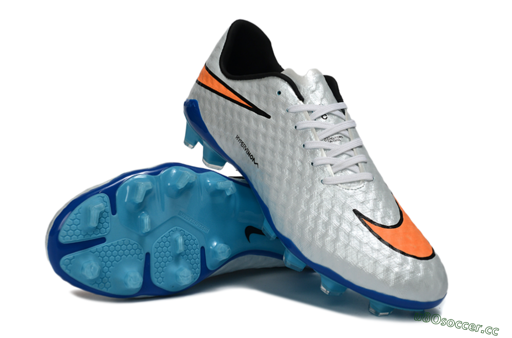 Men's Nike Hypervenom Phantom FG Firm Ground Low-Tops Football Boots - White/Electric Blue/Flame Orange 4