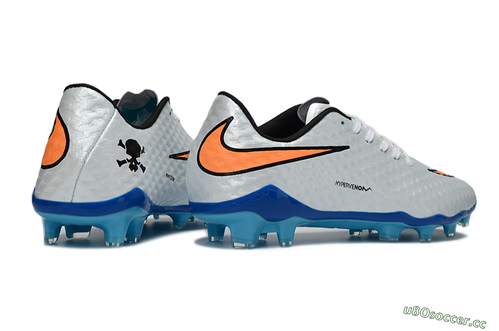 Men's Nike Hypervenom Phantom FG Firm Ground Low-Tops Football Boots - White/Electric Blue/Flame Orange 7