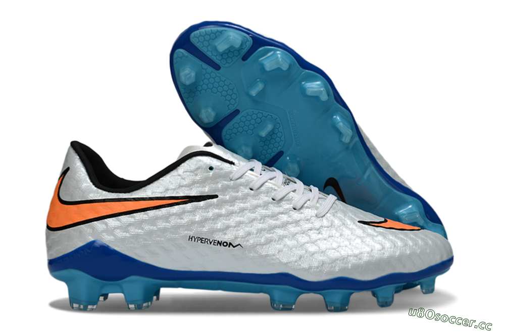Men's Nike Hypervenom Phantom FG Firm Ground Low-Tops Football Boots - White/Electric Blue/Flame Orange 2