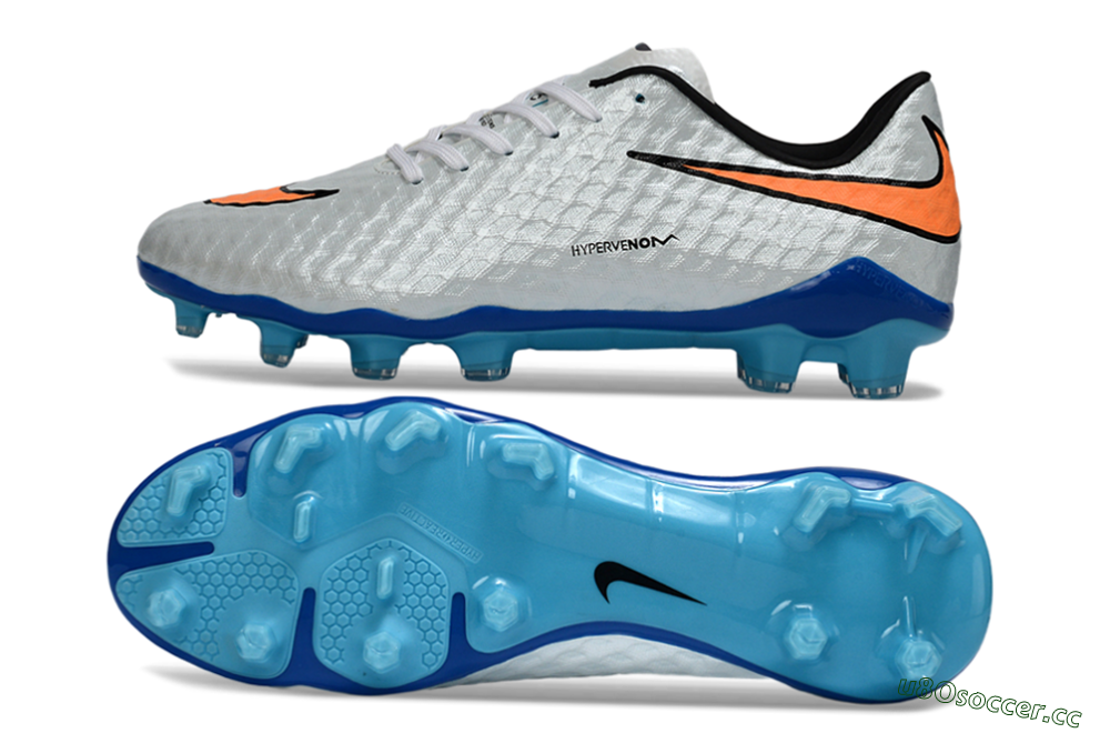 Men's Nike Hypervenom Phantom FG Firm Ground Low-Tops Football Boots - White/Electric Blue/Flame Orange 1
