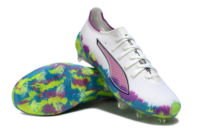 Men's Puma Ultra Ultimate FG Firm Ground Low-Tops Football Boots - White/Vibrant Purple/Cyber Yellow