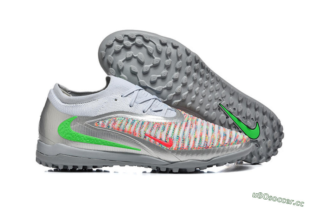 Men's Nike Phantom 6 Low Elite TF Artificial Turf Low-Tops Football Shoes - Gray/Vibrant Green/Red Pop 2