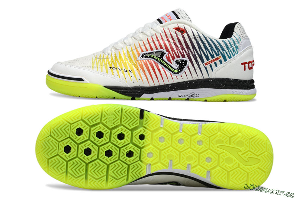 Men's Joma Top Flex IC Indoor & Futsal Low-Tops Football Shoes - White/Lime Green/Rainbow Gradient 1