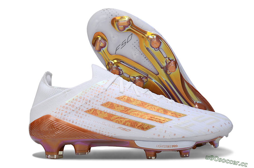 Men's Adidas F50 Lightstrike Pro FG Firm Ground Low-Tops Football Boots - White/Soft Copper/Shimmer Gold 2