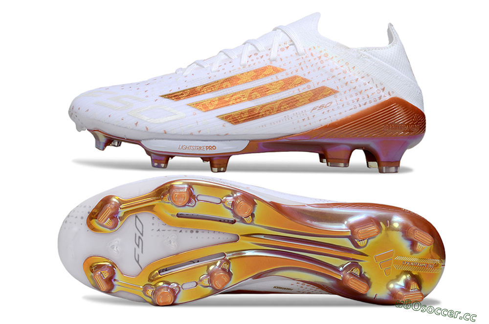 Men's Adidas F50 Lightstrike Pro FG Firm Ground Low-Tops Football Boots - White/Soft Copper/Shimmer Gold 1