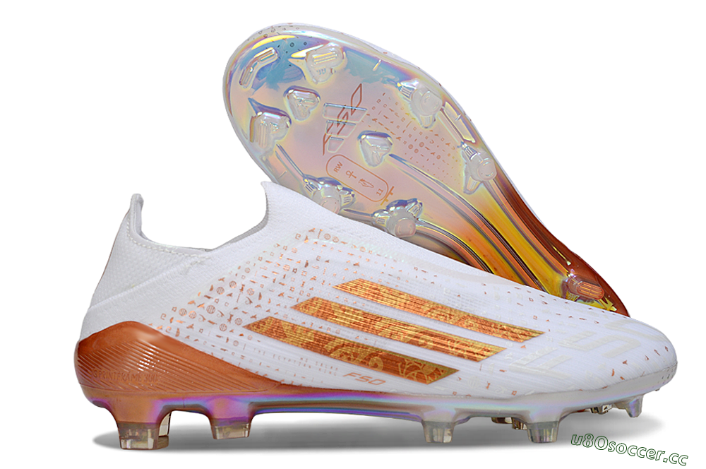 Men's Adidas F50 Pro Laceless FG Firm Ground Low-Tops Football Boots - White/Royal Orange/Sunset Blaze 2