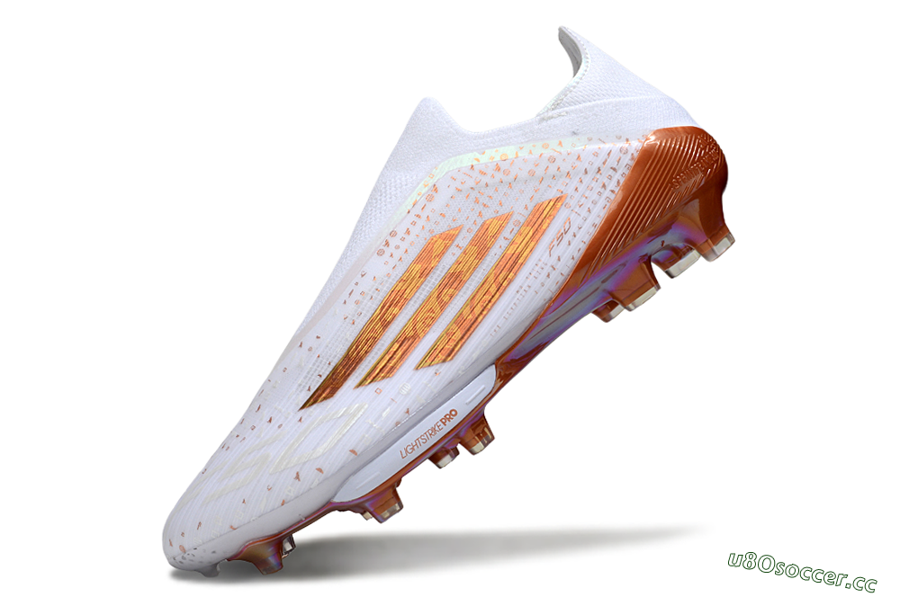Men's Adidas F50 Lightstrike Pro Laceless FG Firm Ground Low-Tops Football Boots - White/Amber Glow/Metallic Orange 5
