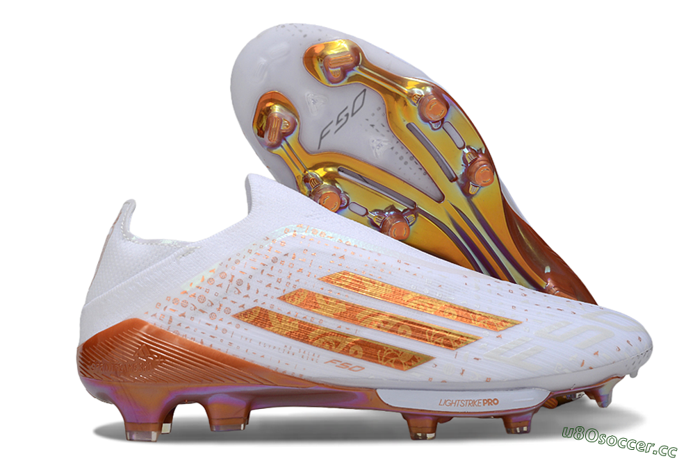 Men's Adidas F50 Lightstrike Pro Laceless FG Firm Ground Low-Tops Football Boots - White/Amber Glow/Metallic Orange 2