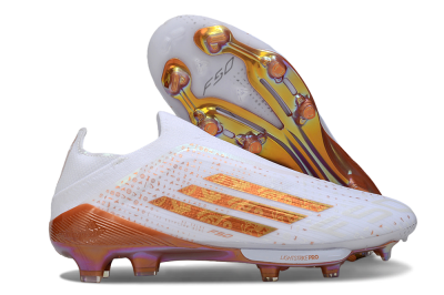 Men's Adidas F50 Lightstrike Pro Laceless FG Firm Ground Low-Tops Football Boots - White/Amber Glow/Metallic Orange