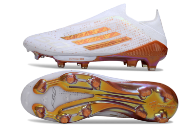 Men's Adidas F50 Lightstrike Pro Laceless FG Firm Ground Low-Tops Football Boots - White/Amber Glow/Metallic Orange