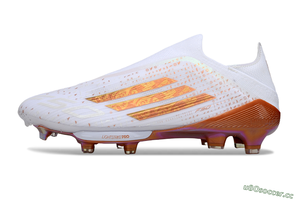 Men's Adidas F50 Lightstrike Pro Laceless FG Firm Ground Low-Tops Football Boots - White/Amber Glow/Metallic Orange 0
