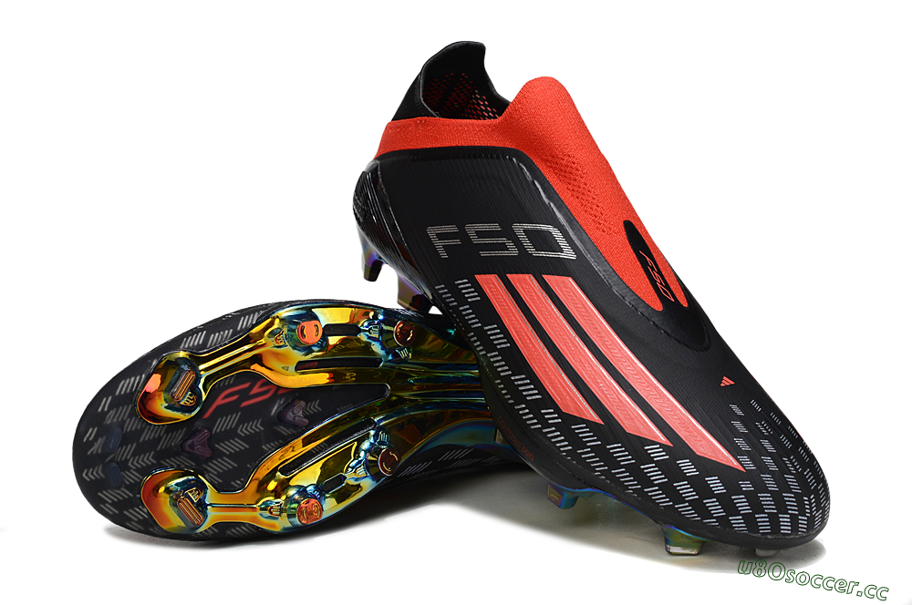 Men's Adidas F50 Lightstrike Pro Laceless FG Firm Ground Low-Tops Football Boots - Black/Fiery Red/Rainbow Hues 3