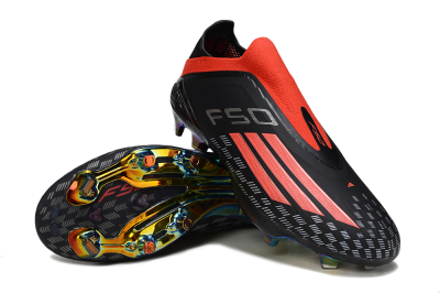 Men's Adidas F50 Lightstrike Pro Laceless FG Firm Ground Low-Tops Football Boots - Black/Fiery Red/Rainbow Hues