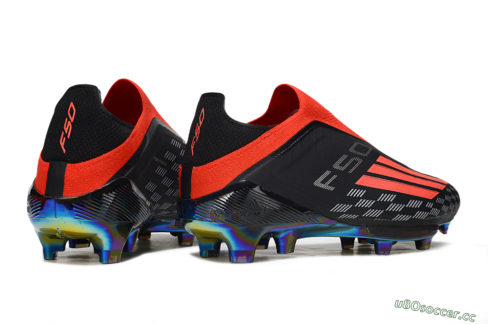 Men's Adidas F50 Lightstrike Pro Laceless FG Firm Ground Low-Tops Football Boots - Black/Fiery Red/Rainbow Hues 6